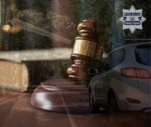 Grafika przedstawia samochód, narkotyki oraz sądowy młotek