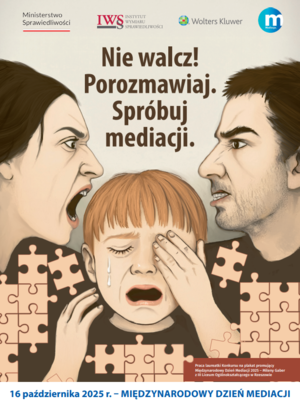 Grafika z plakatu dotyczącego Dnia Mediacji. Przedstawia dwie osoby kłócące się oraz dziecko, które płacze