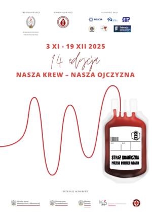 Plakat przedstawiający woreczek z krwią oraz daty, w jakich trwa akcja