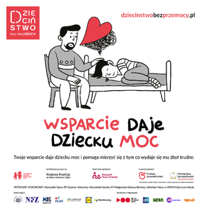 Grafiki przedstawiające osoby dorosłe oraz dzieci. Na grafikach umieszczone są również hasła dotyczące wsparcia i pomocy dzieciom