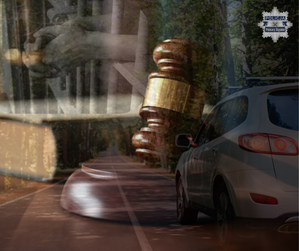 Grafika przedstawia jadący samochód, osobę w więzieniu oraz młotek sędziowski