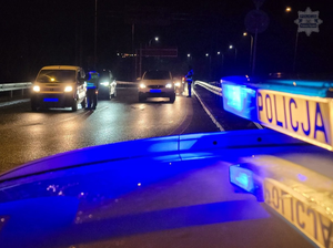 Zdjęcie policyjnego radiowozy. W tle policjanci