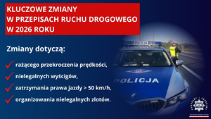 Grafika przedstawia policyjny radiowóz oraz informację o zmianach w przepisach