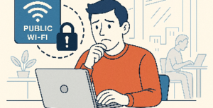 grafika przedstawia mężczyznę przed laptopem