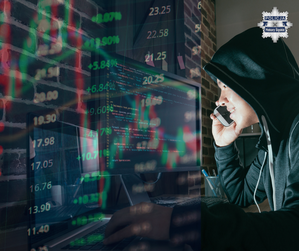 Grafika przedstawia mężczyznę z telefonem przed komputerem