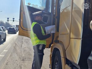 Zdjęcie policjanta przy ciężarówce