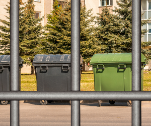 Grafika przedstawia kontenery oraz kraty więzienne