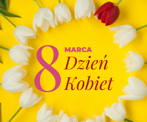 Kwiaty i napis Dzień Kobiet 8 Marca