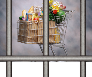 Grafika przedstawia koszyk z zakupami oraz kraty więzienne