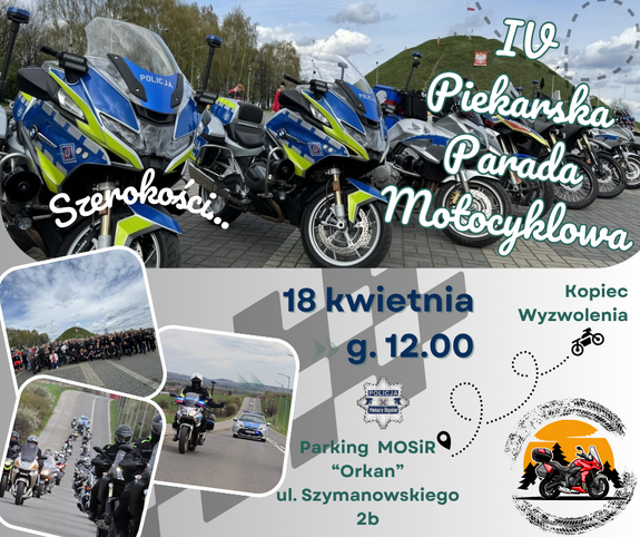 Plakat przedstawiający motocykle na tle Kopca Wyzwolenia z datą wydarzenia
