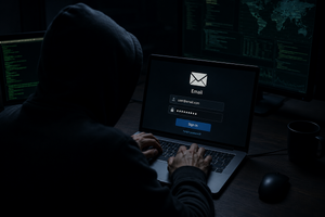 Haker łamiący zabezpieczenia poczty e-mail (Zdjęcie wygenerowane za pomocą AI)