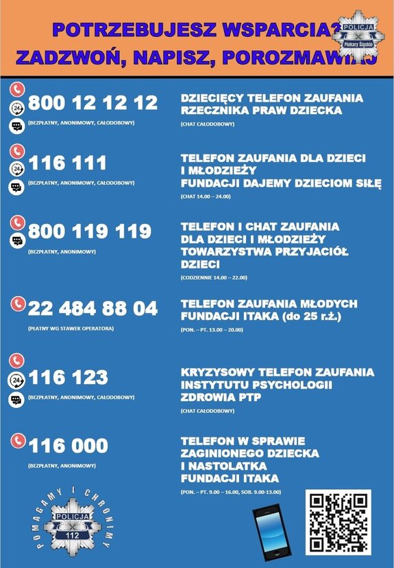 ulotka z danymi oraz numerami telefonów instytucji pomocowych